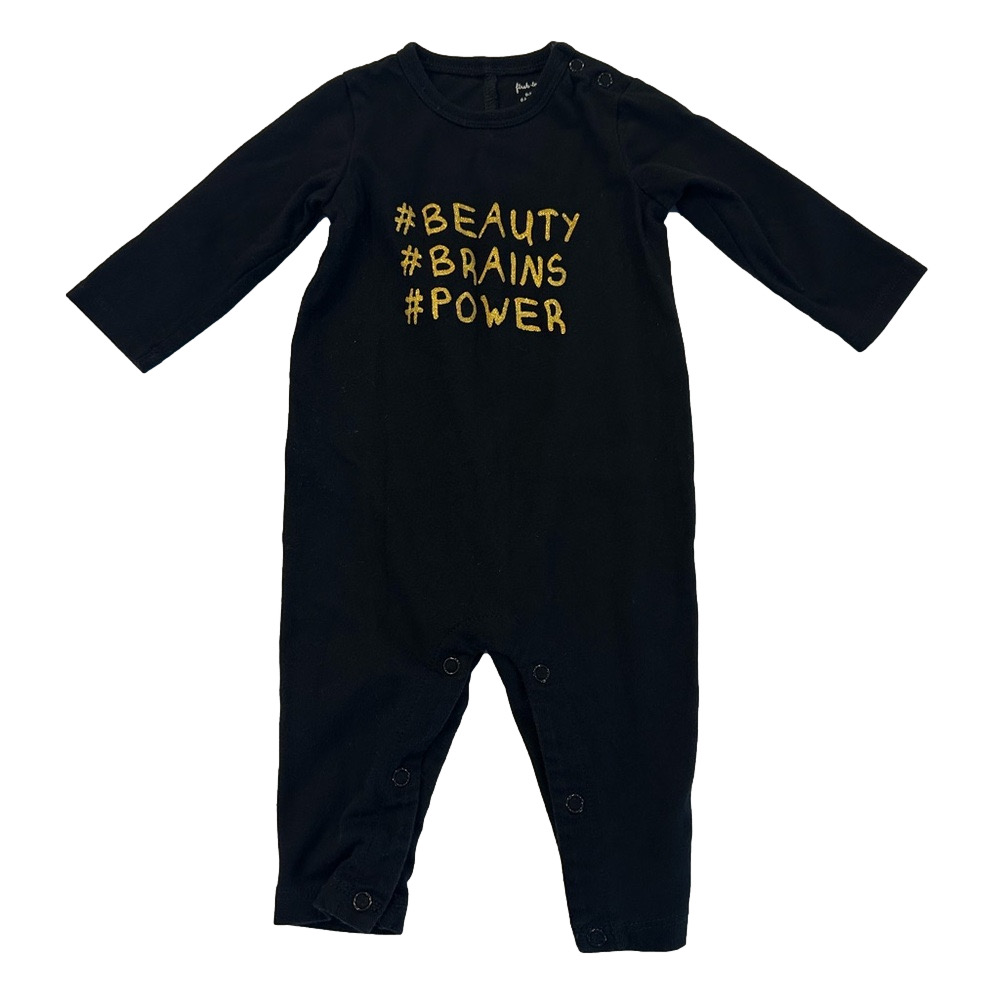 4/20$ “Brains Beaty Power” Baby Black One piece with Gold size 0-3 months